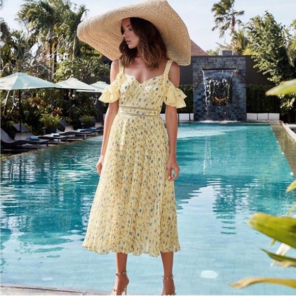 OPT Retsina Floral Print Pleated A-Line Midi Dress Size XS Yellow Cold Shoulder - Picture 2 of 13